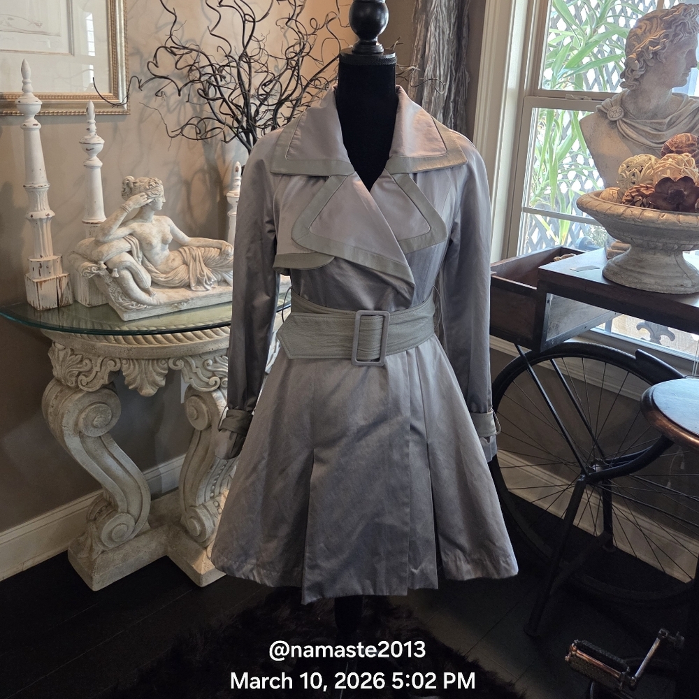 Bebe Cotton Blend Silky Trenh Coat Leather Trim Double Breasted Snap Close #115